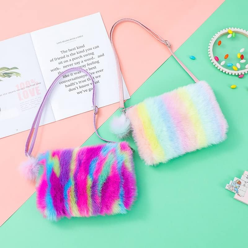 Newfancy Women Girls Kids Fluffy Fuzzy Bag Plush Tie Dye Rainbow Crossbody Purse Wallet - Image 3